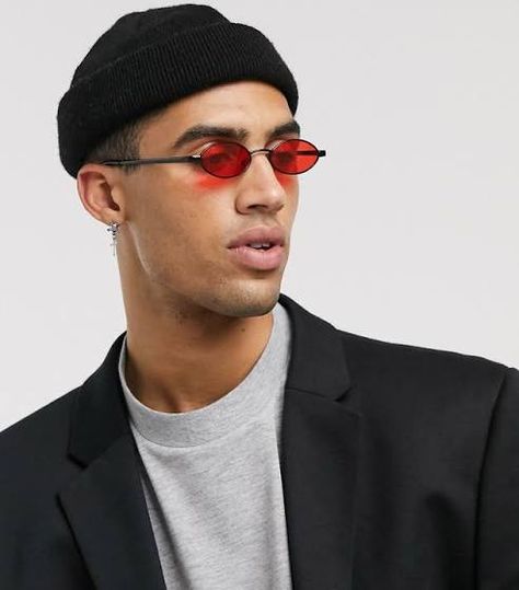 ASOS Design 90s Mini Oval Glasses in Black with Red Lens | Google Shopping Red Sunglasses Outfit, Red Sunglasses Men, Fashion Spectacles, 90s Glasses, Shades For Men, 90s Sunglasses, Mens Glasses Fashion, Sunglasses Pouch, Sunglasses Outfit