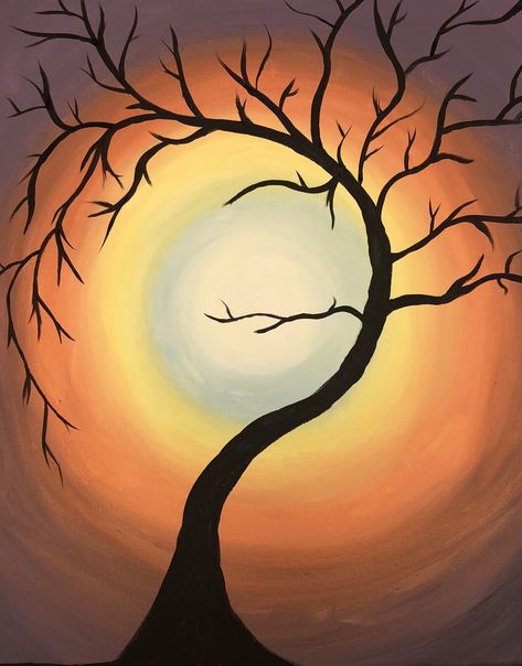 Spooky Sunset Painting, Autumn Silhouette Art, Sunset With Black Trees Painting, Halloween Sunset Painting, October Painting Ideas, Halloween Paint Night, Western Painting Canvas, Learn Sketching, Halloween Canvas Art