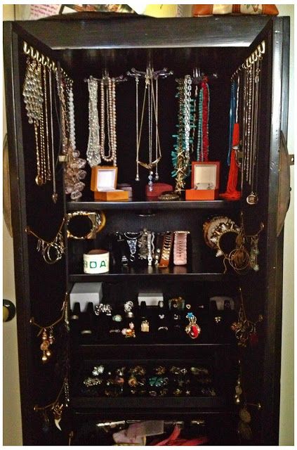 Custom Jewelry Armoire Closet Organization Ideas By Color, Diy Jewelry Cabinet, Jewelry Armoire Makeover, Jewelry Display Cabinet, Armoire Ideas, Armoire Makeover, Tv Armoire, Jewelry Storage Diy, Necklace Storage