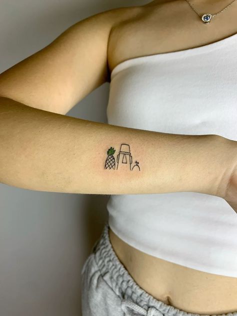 Turtle On A Skateboard Tattoo, Small Tattoos Spongebob, Sarcastic Tattoos Funny, Spongebob Sibling Tattoo, Spongebob Theme Tattoo, Cute Spongebob Tattoos, Sponge Bob Tattoo Ideas, Small Spongebob Tattoo, Colorful Small Tattoos