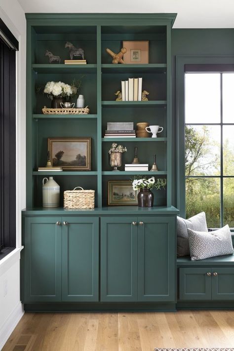 Anna Jane | Home Inspiration, Modern, Tudor, home sweet home, interior design, study, renovation, home decor, bookshelf, teal Green Shaker Cabinets, Green Bookshelves, Masculine Home Office Ideas, Green Home Offices, Masculine Home Office, Modern Country Home, Modern Tudor, Home Office Shelves, Zimmer Diy