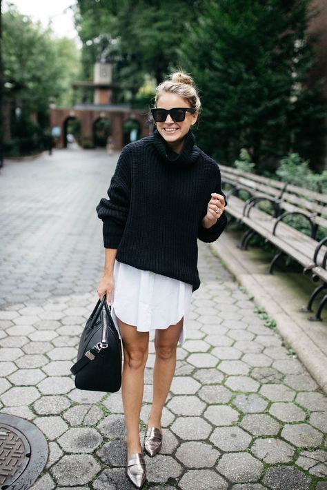 Swim Too Deep Turtleneck Sweater // Black Turtleneck Sweater White Shirt Dress Outfit, Styled Snapshots, Outfit Minimalist, Shirt Dress Outfit, Fall Outfits For Work, Smart Casual Outfit, Business Outfit, White Skirt, White Shirt Dress