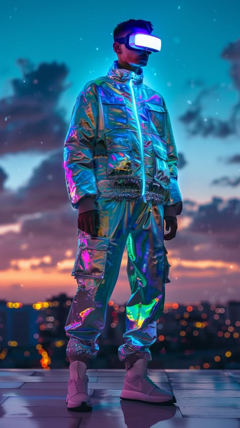 Futuristic male model wearing an iridescent bomber jacket with holographic accents, smart cargo pants, and sleek augmented reality goggles. Set against a high-tech cityscape at dusk, vibrant colors pop. --v 6 --ar 9:16 Promoter Outfit, Antifaz Halloween, Futuristic Fashion Editorial, Futuristic Fashion Male, Cyberpunk Dress, Retro Future Fashion, Bladerunner 2049, Blue Cosmos, City Backdrop