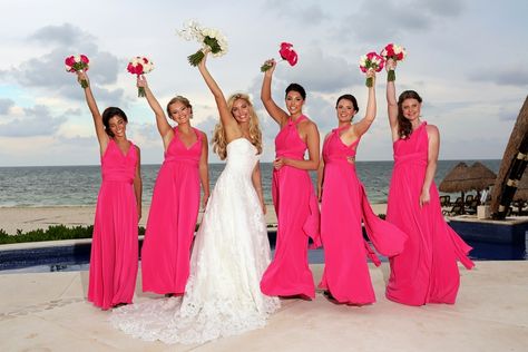 Love these long hot pink bridesmaid dresses! Perfect for a beach wedding. Pink Brides Maid Dresses, Destination Wedding Details, Hot Pink Bridesmaid Dresses, Dreams Riviera Cancun, Pink Bridesmaid Dresses Long, Hot Pink Bridesmaids, Beach Wedding Pink, Cancun Destination Wedding, Beach Wedding Bridesmaid Dresses