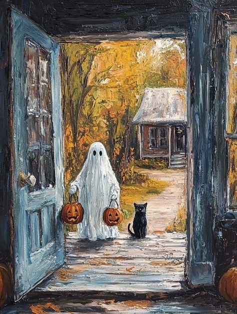 Fun Vintage Halloween Canvas Print of Ghost with Black Cat | Norman Rockwell Inspired Wall Art | Custom Artwork | Digital Download by CustomCanvasCurators 👻🎃 Get ready to step into a vintage Halloween wonderland with our latest gallery piece, "Ghost with Black Cat"! This enchanting artwork captures the whimsical spirit of All Hallows Eve, bringing to life the playful narratives of Norman Rockwell with a touch of spookiness and charm. 🖼️🍂 Embrace the nostalgia and joy of a bygone era when Ha... Vintage Halloween Paintings On Canvas, Halloween Weaving, Cute Halloween Illustration, Vintage Halloween Art, Art Ghost, Halloween Kunst, Halloween Figures, Whimsical Artwork, All Hallows Eve