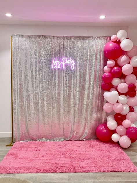 Silver sparkly curtains used as a photo back drop with a neon sign that says let's party, pink and white balloons, and a hot pink furry rug Barbie Backdrop Photoshoot, Pink Birthday Photo Booth, Y2k Photo Booth Ideas, Pink Photo Booth Backdrop, Barbie Birthday Ideas, Barbie Photo Booth, Pink Photo Booth, Cute Backdrops, Birthday Foods