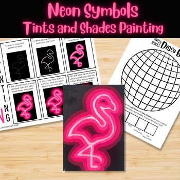 Looking for a fun and engaging way to introduce mixing tints and shades to your students? Look no further! Neon symbol painting is an exciting way to learn color mixing, discuss symbols, and practice brush control. This lesson is easy to adapt for different skill levels, it can be simplified by having students do the first letter of their name, or made more complex with text or multiple colors. This lesson includes a brief introduction to neon lights, and artists who use neon, along with resources to help students create their own beautiful neon paintings. Elementary Art Color Lessons, Shading Art Lesson Elementary, Neon Looking Painting, Tint And Shade Art Lesson, Value Painting Lesson, Neon Art Projects For Kids, Kinder Art Projects, 4th Grade Art Lessons, Skeleton Hand Art