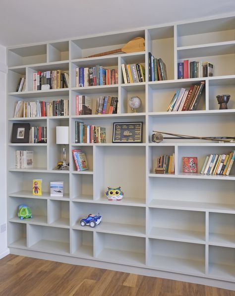 funky fitted floor to ceiling shelves Contemporary Shelves Living Room, Corner Bookshelf Ikea, Floor To Ceiling Shelves, Bookcases Uk, Ceiling Shelf, Diy Trinkets, Oak Floor Stains, Living Room Cupboards, Community Room