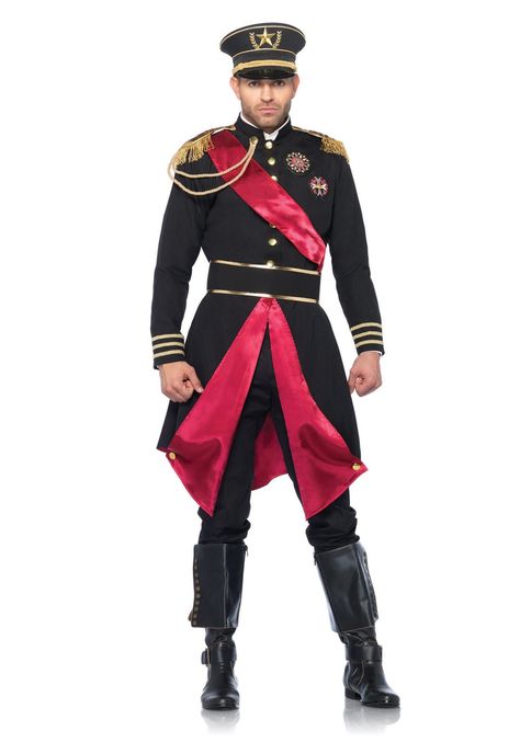 Military+General+Costume+includes+jacket,+badge+accent,+red+cross+body+stripe+detail,+gold+epaulettes,+long+sleeve+with+gold+striped+cuffs,+and+belt+with+gold+trim.+Boot,Pants+and+hat+not+included.+ Army Girl Costumes, General Outfit, Black Military Jacket, Army Costume, Soldier Costume, Military Costumes, Coat Check, Outfits Hombre, Mens Halloween Costumes