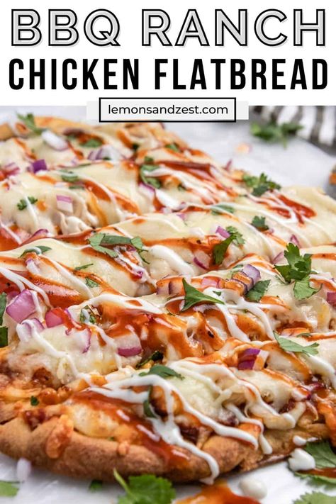 A simple dinner or appetizer ready from start to finish in 20 minutes, this BBQ Chicken Flatbread is a great way to use up some leftover chicken in a delicious way. Chicken is tossed in ranch dressing to give an extra level of flavor unlike any BBQ chicken pizza around! Flatbread Pizza Bbq Chicken, Bbq Ranch Pizza, Shredded Chicken Flatbread Recipes, Rotisserie Chicken Flatbread Recipes, Bbq Ranch Chicken Pizza, Ranch Bbq Chicken, Flat Bread Bbq Chicken Pizza, Bbq Chicken Flatbread Recipes, Bbq Chicken Flatbread Pizza Naan