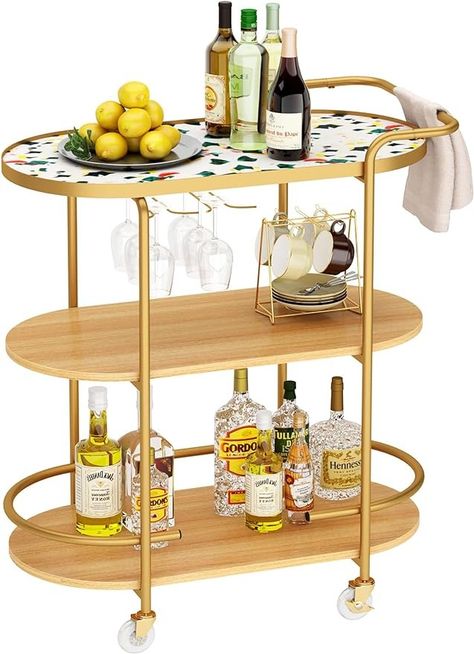 Amazon.com - soges Gold Bar Cart, 3 Tiers Home Bar Serving Cart on Lockable Wheels, Wine Cart with Glass Holder for Living Room, Kitchen, Dining Room - Bar & Serving Carts Wine Cart, Bar Serving Cart, Gold Bar Cart, Serving Cart, Glass Holder, Dining Room Bar, Glass Holders, Gold Bar, Home Bar