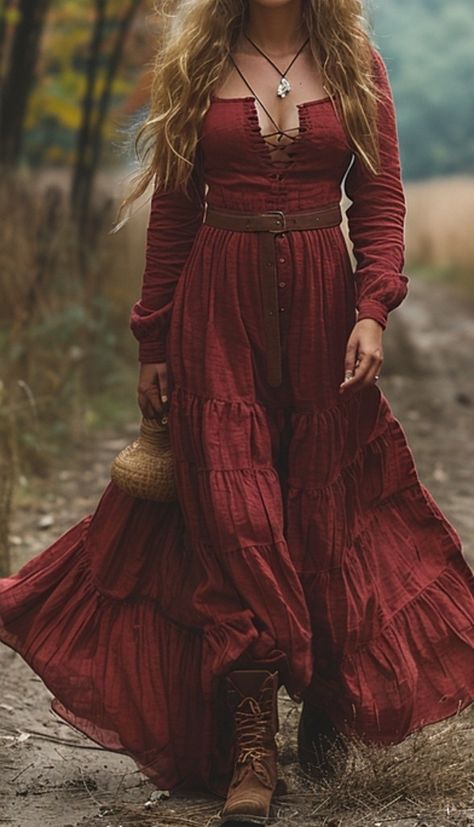 Hippie Winter Dress, Flowy Clothes Aesthetic, Red Dress Western, Earthy Clothing Style, Winter Hippie Outfits Boho, Rock N Roll Women, Tequila Aesthetic, Winter Fit Ideas, Witchy Chic