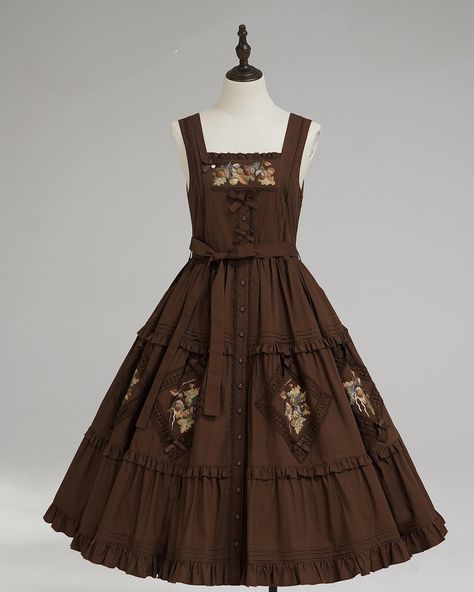 💐Cottagecore Lolita dress with square neckline and acorn embroidery in 3 colors, long and short version available. 👉Search 'NYA-289' on devilinspired.com #devilinspired #cottagecore #cottagecorefashion #lolitacoord #lolitafashionstyle #countrylolita Acorn Embroidery, Cute Brown Dress, Country Lolita, Cottagecore Outfit, Dress With Square Neckline, Cottagecore Fashion, Anne With An E, Kawaii Dress, Brown Dress