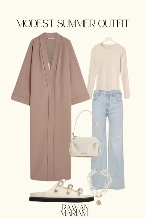 cute pink abaya modest hijabi friendly outfit with jeans, sandals and pearl jewellery perfect for casual summer and spring vibes, going out or uni Hijabi Outfits Casual Jeans, Abaya With Jeans, Modest Hijabi Outfits Casual, Open Abaya Style, Modest Cute Outfits, Pink Abaya, Modest Hijabi Outfits, Abaya Modest, Outfit With Jeans