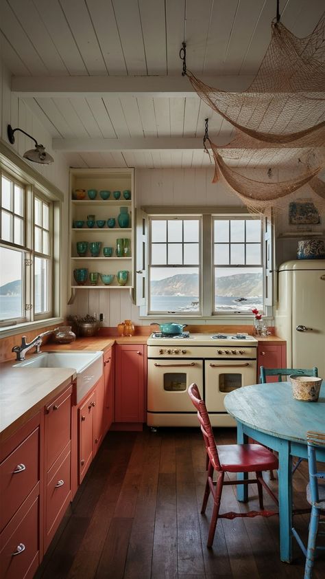 20 Dream Vintage Coastal Kitchen Ideas — Coastal Cottage by Celeste Coastal House Decorating Ideas, French Coastal Cottage, Vintage Coastal Kitchen, Costal Kitchen Aesthetic, Lake Cottage Interiors, Coastal House Interior, Vintage Coastal Cottage, Kitchen Ideas Coastal, Coastal Boho Interior