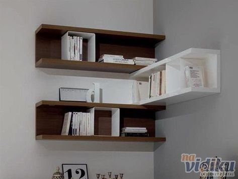 Modern Bookshelf Decor, Modern Shelf Decor, Corner Shelf Ideas, Unique Wall Shelves, Corner Shelf Design, Wall Shelves Living Room, Wall Mounted Corner Shelves, Creative Bookshelves, Corner Wall Shelves