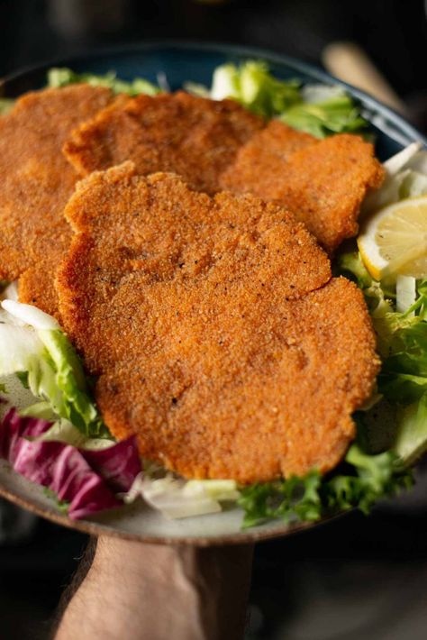 Vegan Wiener Schnitzel Recipe (with Lentil Flour) - Carlo Cao Vegan Kabobs, Vegan Ribs, Schnitzel Recipe, Lentil Flour, Vegetarian Meat, Schnitzel Recipes, Lentil Bolognese, Vegan Fries, Chocolate Cheesecake Recipes