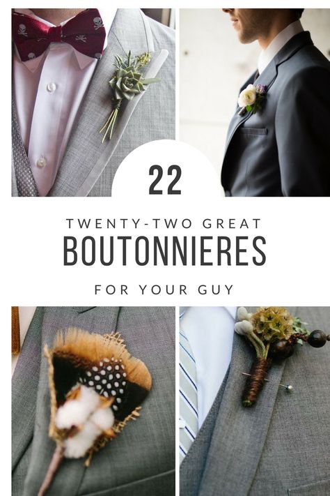 Winter Boutineer Ideas, Cool Boutineer Ideas, Unique Boutineer Ideas Wedding, Non Traditional Boutonniere, Boutineer Ideas Wedding Grooms, Bouteneire Groomsmen, Boutonnieres For Men, Modern Boutineer Ideas, Men’s Wedding Boutineer