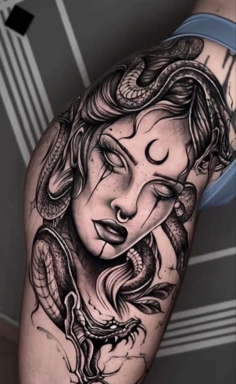 Baddie Leg Sleeve Tattoo, Thigh Tats For Women Meaningful, Side Thigh Tattoos Women Baddie, Tight Tattoos For Women, Side Tattoos Women, Girl Thigh Tattoos, Private Tattoos, Medusa Tattoo Design, Hip Thigh Tattoos