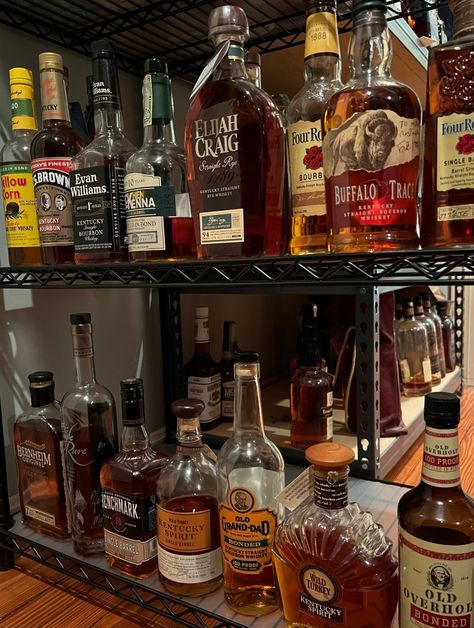 Bourbon Display, Bourbon Collection, Evan Williams, Woodford Reserve, Buffalo Trace, Best Bourbons, Brown Bottles, Sazerac, American Whiskey