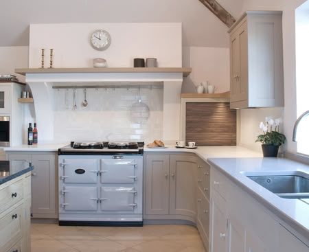 Pale blue aga and grey units Blue Aga, Kitchen Mantle, Aga Kitchen, Aga Cooker, Kitchen Cooker, Farm Kitchen, Kitchen Stove, House Design Kitchen, Kitchen Units