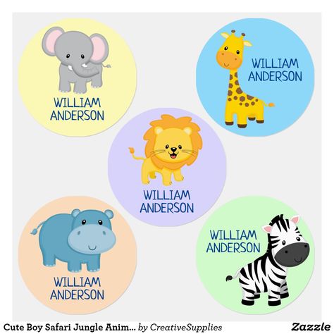 Cute Boy Safari Jungle Animals Cartoon Name School Kids' Labels Cartoon Name, Cubby Tags, School Name Labels, Daycare Labels, Animals Cartoon, School Labels, Kids Labels, Safari Jungle, Waterproof Labels