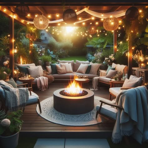 Patio Furniture Under Gazebo, Styling Outdoor Patio, Screened In Porch With Fire Pit, Outdoor Living Furniture Ideas, Midwest Patio Ideas, Deck With Fire Table, Patio Living Room Ideas, Cozy Outside Sitting Area, Cozy Outdoor Fire Pit