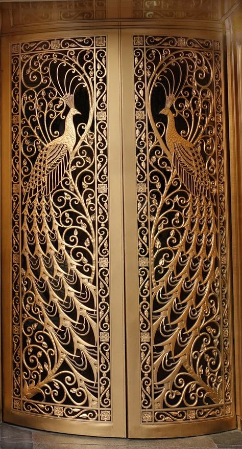 One of the original doors to the Palmer House Hotel in Chicago, Illinois. Peacock Door Design, Metal Entrance Doors, Amazing Gates, Dining Room Design Luxury, Palmer House, Grill Gate Design, Mandir Design, Wooden Main Door, Balcony Grill Design