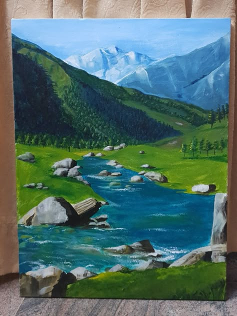 Kashmir Painting Art, Indian Scenery Painting, Acrylic Scenery Painting Ideas, Canvas Painting Ideas Scenery, Kashmir Drawing, Nature Paintings Acrylic Easy, Kashmir Painting, Earth Acrylic Painting, Kashmir Landscape