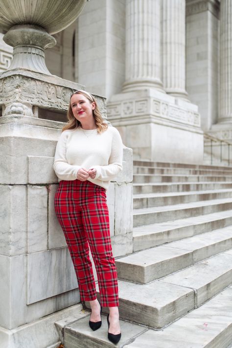 Plaid Christmas Pants Outfit, Red Pants Christmas Outfit, Red Plaid Pants Outfit, Holiday Office Party Outfit, White Christmas Outfit, Office Holiday Party Outfit, Office Party Outfits, Plaid Pants Outfit, Red Plaid Pants