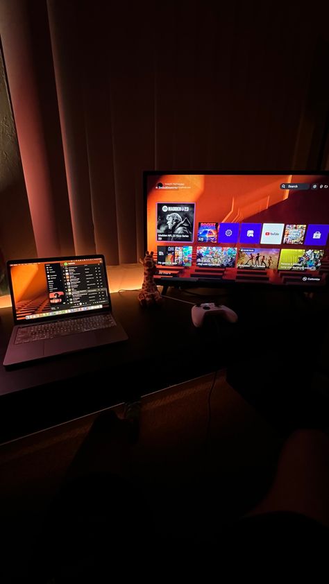 Tv Monitor Setup, Tv As Monitor Setup, Tv Desk Setup, Laptop Monitor Desk Setup, Desk Setup With Laptop, Laptop And Monitor Desk Setup, Laptop Gaming Setup, Monitor Setup, The Color Orange