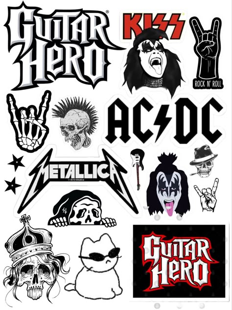 Rock Stickers Printable, Rock Band Stickers Printable, Emo Stickers Printable, Music Stickers Printable, Grunge Stickers Printable, Guitar Stickers Ideas, Goth Stickers Printable, Sticker Ideas Design, Sketchbook Decoration