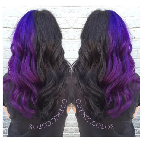 Purple And Black Hair, Half Colored Hair, Grey Balayage, Half Dyed Hair, Half And Half Hair, Split Dye, Split Dyed Hair, Hair Color Streaks, Hair Streaks