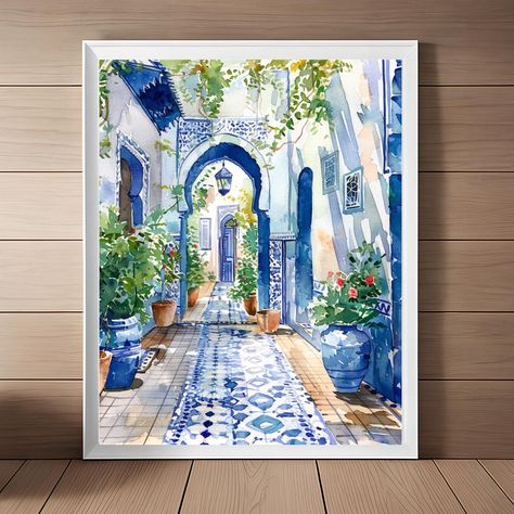 ❤︎ Morocco Blue Door Wall Art - Digital Download Art Prints - Moroccan Tile Painting Square & Rectangle Printable Wall Art. Morocco Watercolor Print, Moroccan Blue Tile Doorways Art Print, Marrakesh Travel Art, European Art, Mediterranean Travel Gifts Digital Instant Download Printable. Same image printed and sent to you: https://www.etsy.com/listing/1710862184 ✨ This listing is for a DIGITAL DOWNLOAD. No physical item will be shipped to you. ❤︎ High Quality 300-dpi JPG Sizes Available for Downl Watercolor Art Architecture, Morocco Watercolor, Moroccan Art Painting, Morocco Painting, Marrakesh Travel, Morocco Art, Art Marocain, Mediterranean Art, Mediterranean Travel