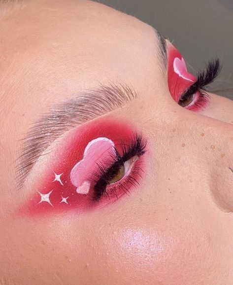 Valentines Makeup Ideas Creative, Valentine’s Day Eyeshadow, Cute Valentines Makeup Ideas, Valentine Eye Makeup, Valentine Makeup Ideas, Vday Makeup Looks, Valentine's Makeup Looks, Anti Valentines Day Makeup, Lovecore Makeup