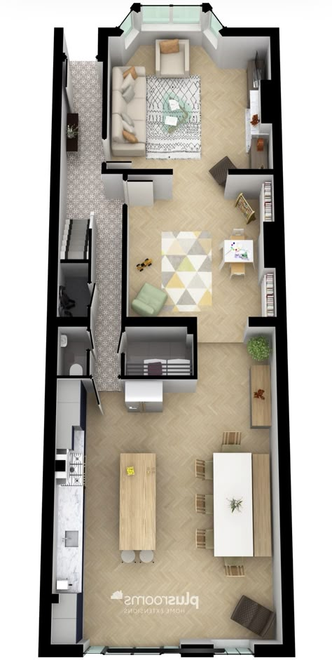 Terraced House Extension Floorplan, Extension Layout Ideas, Downstairs Layout House Plans, Victorian Extension Floorplan, Small Narrow Open Plan Kitchen Living Room, Open Plan Downstairs Layout, Kitchen Extension Ideas Open Plan Layout, Ground Floor Extension Ideas, London House Floor Plan