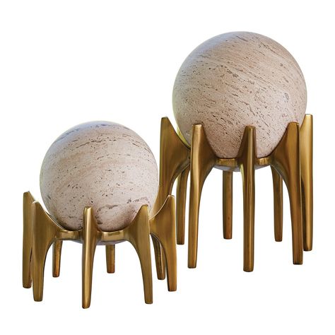 The Studio A Aquilo Sphere Holder is a dramatic multi-legged sphere holders add interest to interior tablescapes. Cast aluminum. Each can hold up to a 6" sphere. Available in two heights. Small: 6.75in Dia. X 4in H; Large: 7in Dia. X 6.25in H Color: Antique Brass Sphere not included Shop more Studio A Sphere Holder, Object Design, Brand Studio, Metal Ball, Cast Aluminum, Objects Design, Decor Lighting, Comforter Sets, Midcentury Modern