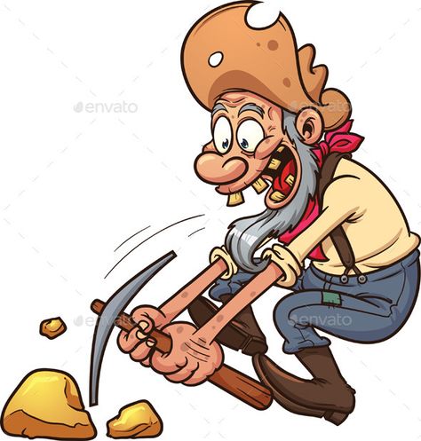 Happy gold miner using a pickaxe. Vector clip art illustration with simple gradients. All in a single layer. EPS10 file included. Gradient Illustration, Inkscape Tutorials, Gold Miners, Gold Prospecting, New Service, Sales Leads, Gold Mining, Art Et Illustration, Gold Rush