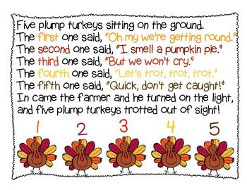 FIVE PLUMP TURKEYS - THANKSGIVING SHARED READING - TeachersPayTeachers.com Five Little Pumpkins Song, Thanksgiving Lesson Plans, Thanksgiving Songs, Five Little Pumpkins, Thanksgiving Lessons, Thanksgiving Kindergarten, Thanksgiving School, Classroom Songs, School Songs