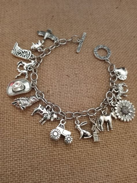 Sweet country life on the farm charm bracelet. Made with stainless steel and zinc alloy metals. Western Charm Bracelet, Life On The Farm, Custom Charm Bracelet, Jewelry Wishlist, Charm Bracelet Silver, Beads Bracelet Design, Jewelry Accessories Ideas, Custom Charms, James Avery