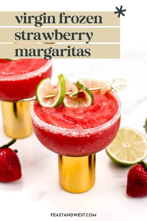 Make a virgin frozen strawberry margarita when you're craving a refreshing fruity beverage! This easy mocktail is so tasty. Virgin Strawberry Margarita Recipe, Virgin Strawberry Margarita, Virgin Cocktail Recipes, Virgin Margarita, Frozen Strawberry Margarita, Strawberry Margarita Recipe, Best Non Alcoholic Drinks, Virgin Cocktails, Margarita Ingredients