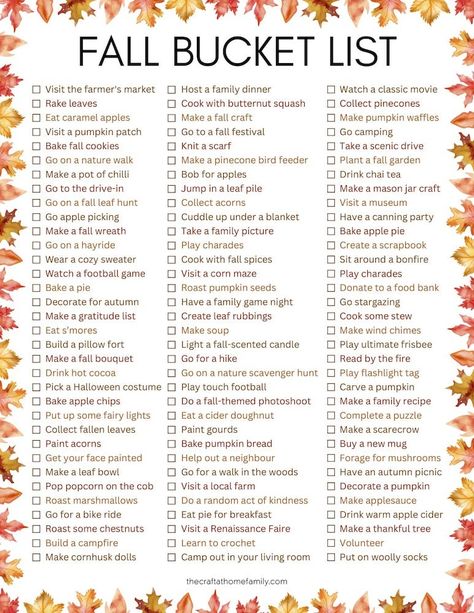 Fall Activity Ideas, Fall Reset, October Goals, Checklist Ideas, Fall Bucket List Printable, Activity Ideas For Kids, Fall Checklist, Fall Family Activities, Fall Family Fun