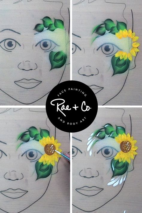 I'm kind of in love with this chunky sunflower eye design. The leaves are big and bold, and the yellow and white add the nice pop. Quick and easy on-the-job design. Timelapse and supply list are available on YouTube!  #facepaint #floralfacepaint #otjfacepaint #sunflower Face Painting Sunflower, Sunflower Face Paint, Face Paint Sunflower, Leaves Face Paint, Sunflower Makeup Ideas, Sunflower Makeup Halloween, Flowers Face Painting, Tropical Flower Face Paint, Face Paint Tutorial