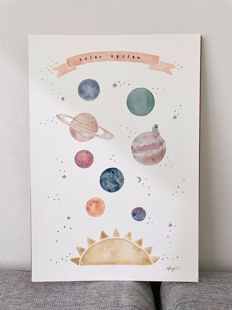 Water Colour Planets, Interior Design Nursery, Planets Watercolor, Space Watercolor, Watercolour Nursery Art, Decor Illustration, Kids Room Paint, Art Interior Design, Solar System Planets