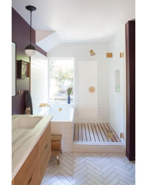 Audrey Crisp | Interiors on Instagram: “Gorgeous bathroom design! I love the flooring and wood slats in the shower! Which element are you loving the most? By:…” Shower With Bamboo Floor, Bamboo Floor Bathroom, Rectangular Bathroom Layout Floor Plans, Side By Side Shower And Tub, Small Natural Bathroom, Bamboo Bathroom Ideas, Bamboo Flooring Bathroom, Hawaiian Bathroom, Industrial Modern Bathroom