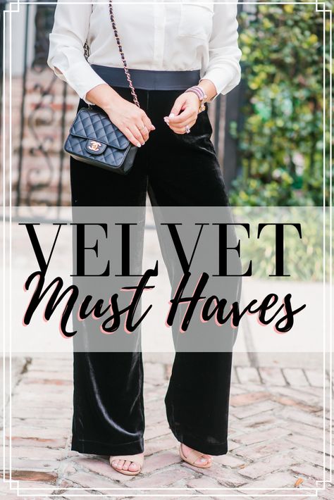 Velvet Pants Holiday Outfit, How To Style Black Velvet Pants, Purple Velvet Pants Outfit, Black Velvet Wide Leg Pants Outfit, Black Velvet Pants Outfit Party, What To Wear With Velvet Pants, Black Velour Pants Outfit, Velvet Wide Leg Pants Outfit, Velvet Pants Outfit Party