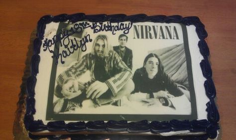 My nirvana cake.(= made me happy to see the band that essentially saved my life on my last cake of my childhood. <3 Nirvana Birthday Party Ideas, Nirvana Birthday Cake, Foo Fighters Birthday Cake, Nirvana Birthday, Nirvana Cake, Metallica Cake Design, Nirvana In Utero Necklace, Keep Rocking, Small Birthday Cakes