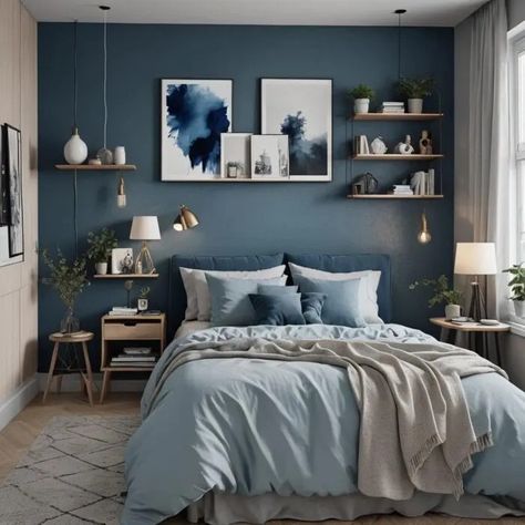 Ravenclaw Themed Bedroom, Dusty Blue Accent Wall, Teal Gold Bedroom, Bedroom Feature Wall Ideas, Teal And Gold Bedroom, Blue And Green Bedroom, Dark Blue Feature Wall, Paint Colors For Bedroom, Romantic Bedroom Decor Ideas