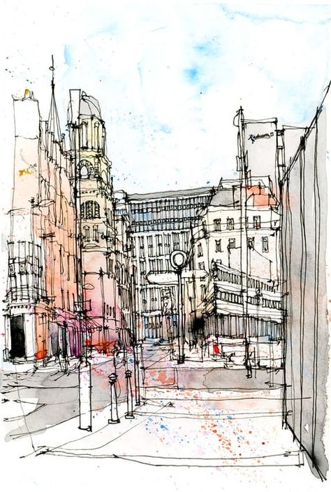 Peter Street, Manchester as drawn by Simone Ridyard of Urban Sketchers City Sketch, Watercolor Architecture, Building Art, Urban Sketchers, Landscape Drawings, A Level Art, Urban Environment, City Landscape, Urban Sketching