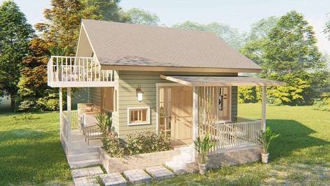 Tiny Houses With Loft, Tiny House Pictures, Bungalow With Loft Floor Plans, Tiny House Bungalow Style, Mini House In Backyard, Loft House With 2 Bedrooms, Small House With Loft Floor Plans, Cottage Loft Ideas, Tiny House With 2 Bedrooms